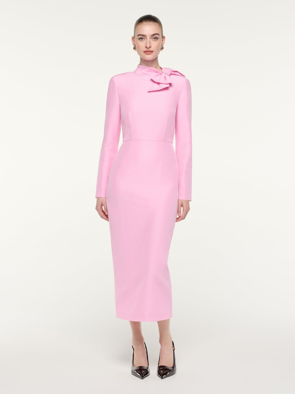 NWOT Roland Mouret Pink Bow Neckline Long Sleeve Midi Dress, Size US 6